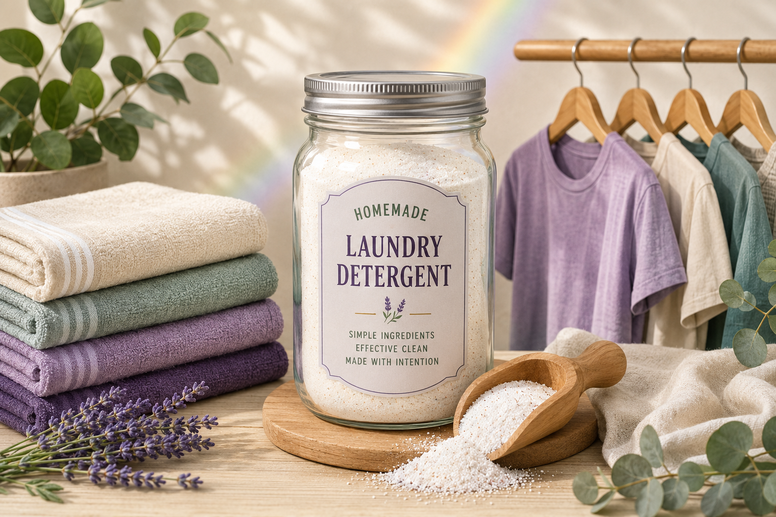 Homemade laundry detergent in a glass Mason jar with a wooden scoop, folded towels, lavender, and hanging clothes.