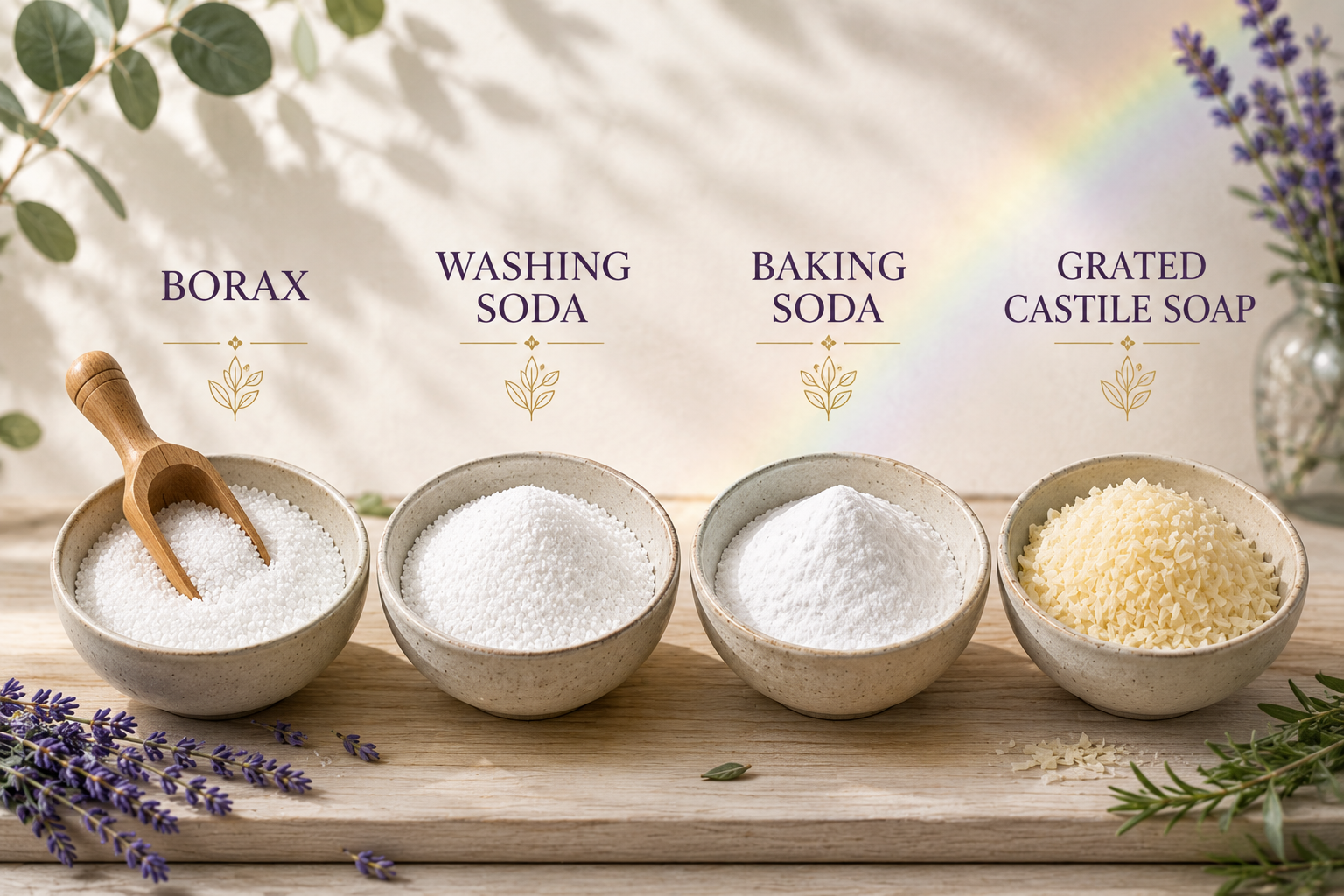 Borax, washing soda, baking soda, and grated Castile soap displayed in bowls for homemade laundry detergent
