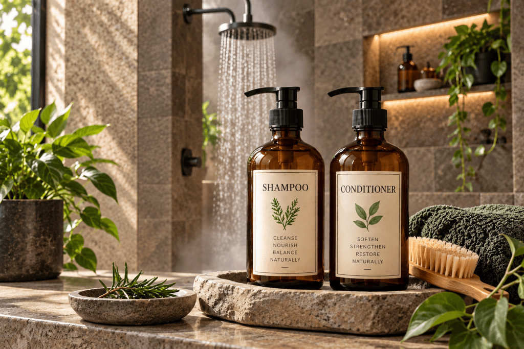 Homemade shampoo and conditioner in amber pump bottles displayed in a natural stone shower with greenery and warm sunlight.
