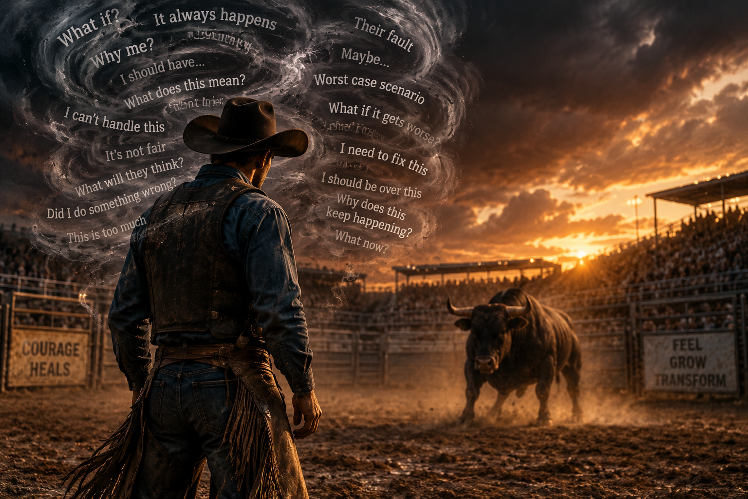 Cowboy facing a bull in a rodeo arena while swirling thoughts and questions surround his head.