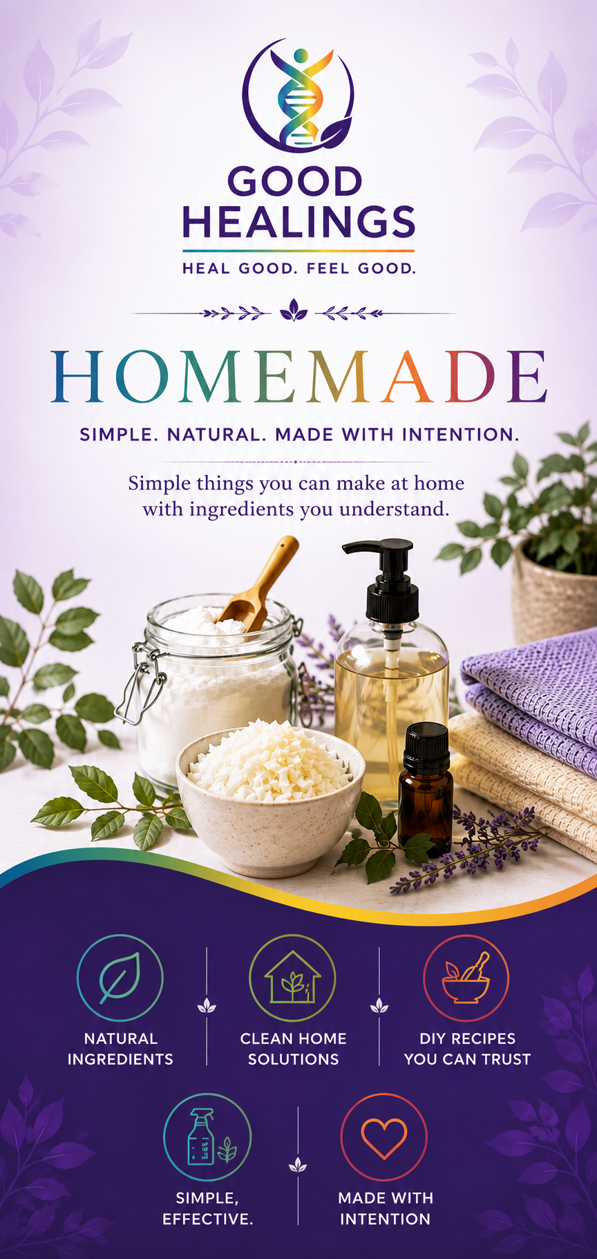 Good Healings Homemade banner featuring natural cleaning ingredients, soap, a glass jar, essential oils, folded towels, and the Good Healings brand colors.