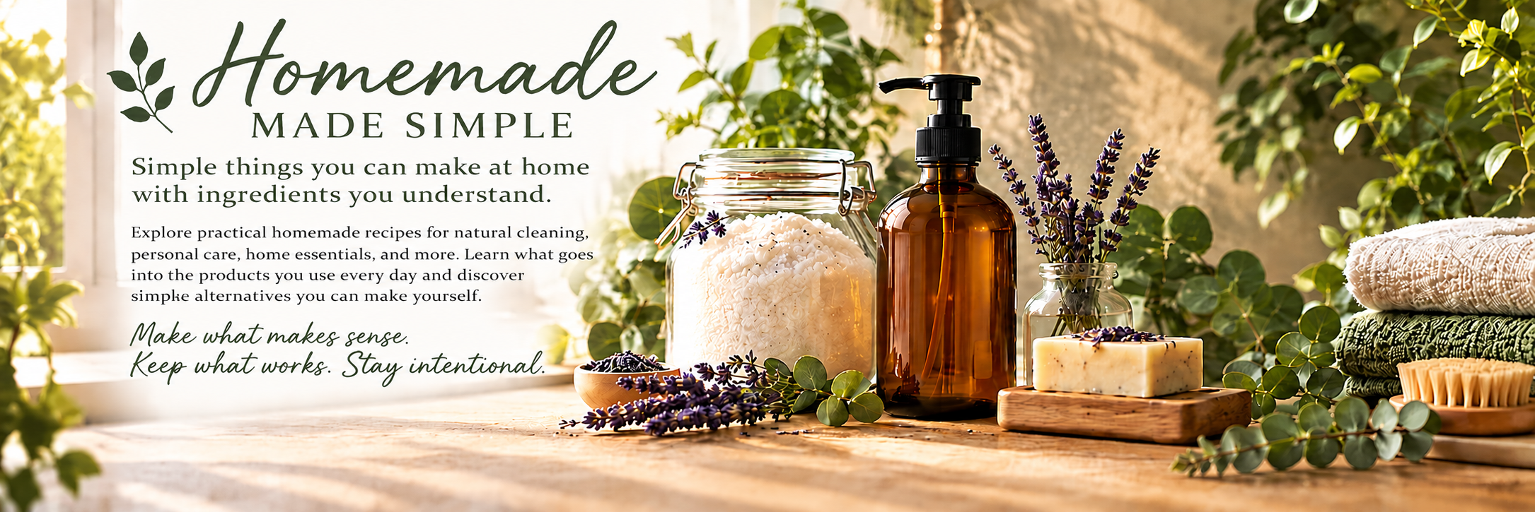 Homemade natural recipes for cleaning, personal care, and home essentials with simple ingredients, herbs, amber bottles, and lavender.