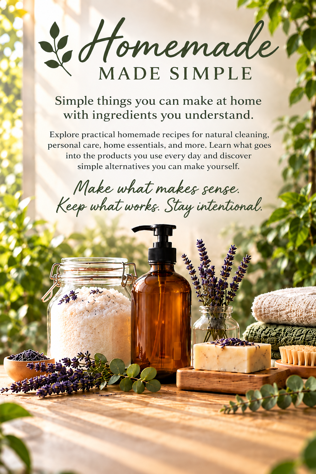 Homemade natural recipes for cleaning, personal care, and home essentials with simple ingredients, herbs, amber bottles, and lavender.