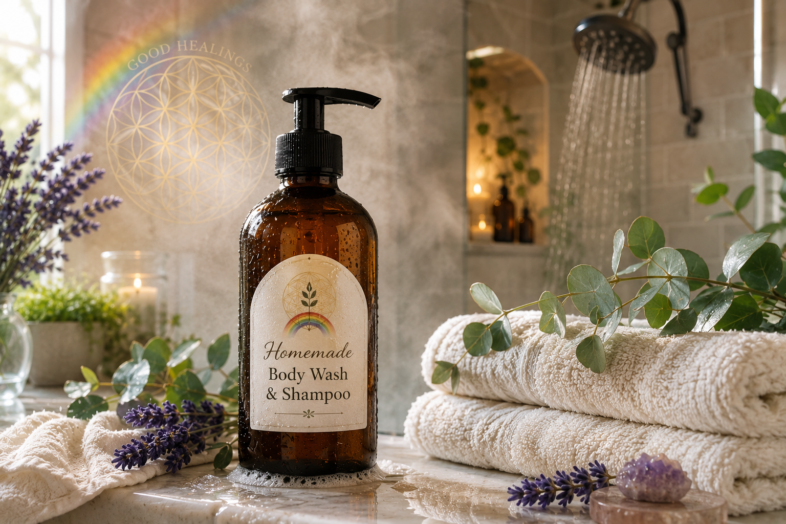 Homemade body wash and shampoo in an amber pump bottle surrounded by folded towels, eucalyptus, lavender, and subtle sacred geometry in a bright spa-like shower.