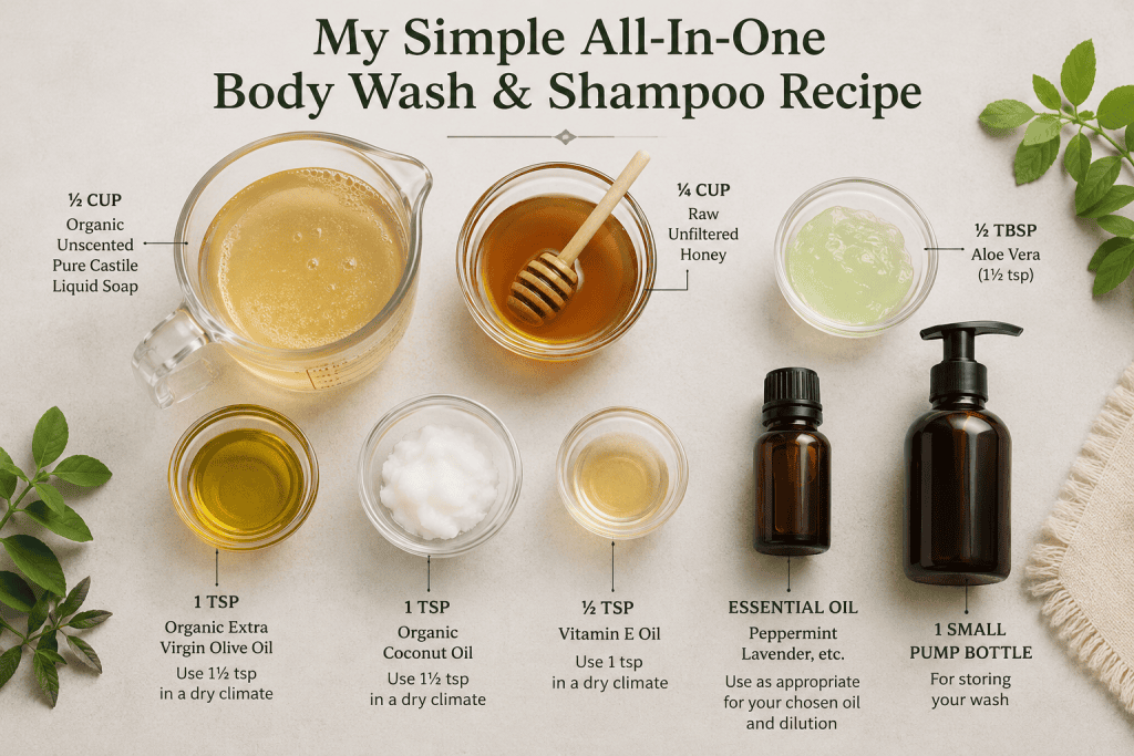 Homemade body wash and shampoo ingredients including Castile soap, raw honey, aloe vera, olive oil, coconut oil, vitamin E oil, essential oil, and a pump bottle.