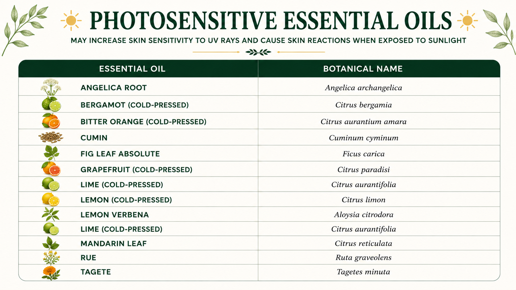 Chart of photosensitive essential oils and their botanical names, including angelica root, bergamot, bitter orange, cumin, fig leaf, grapefruit, lime, lemon, lemon verbena, mandarin leaf, rue, and tagete.