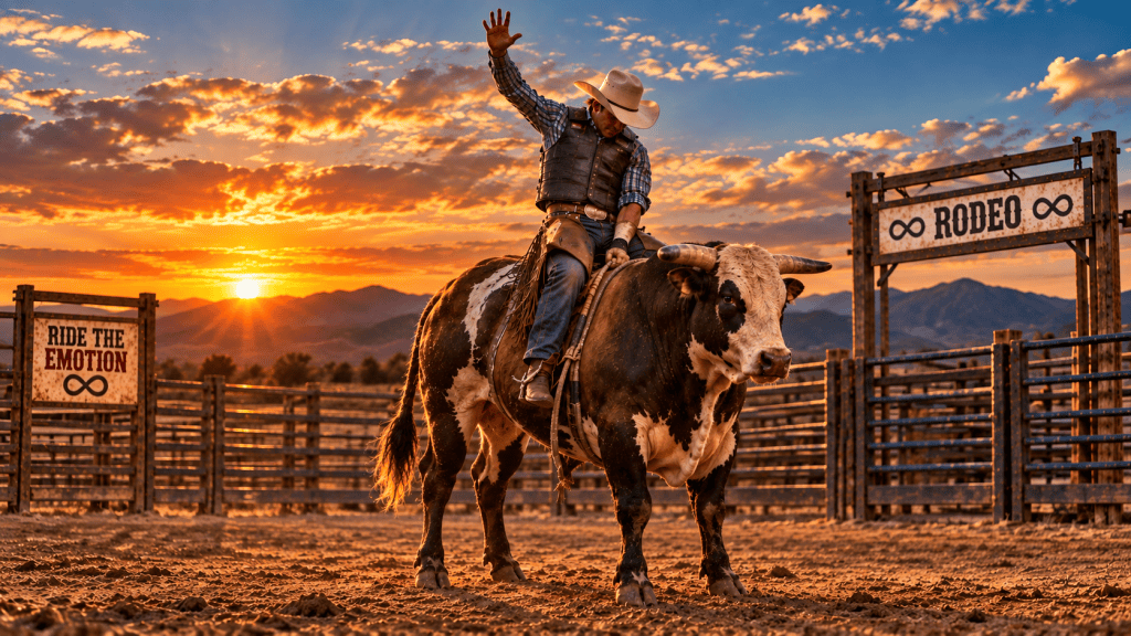 Cowboy sitting calmly on a bull in an empty rodeo arena at sunset, with mountains and a Ride the Emotion sign in the background.