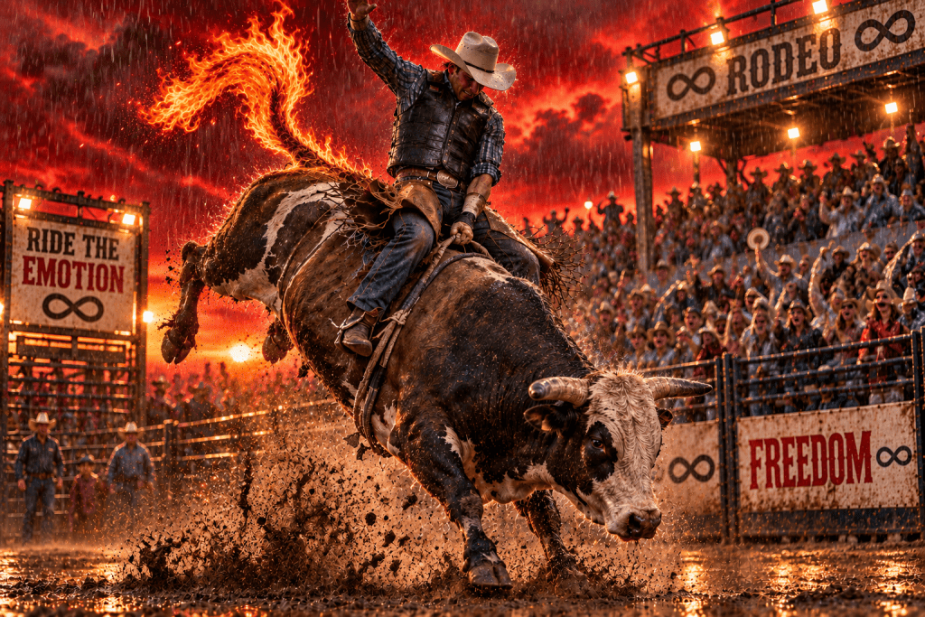 Cowboy riding a bucking bull with a flaming tail in a rain-soaked rodeo arena beneath a fiery red sky as a cheering crowd looks on.