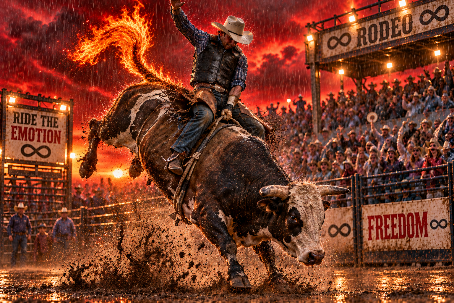 Cowboy riding a bucking bull with a flaming tail in a rain-soaked rodeo arena beneath a fiery red sky as a cheering crowd looks on.