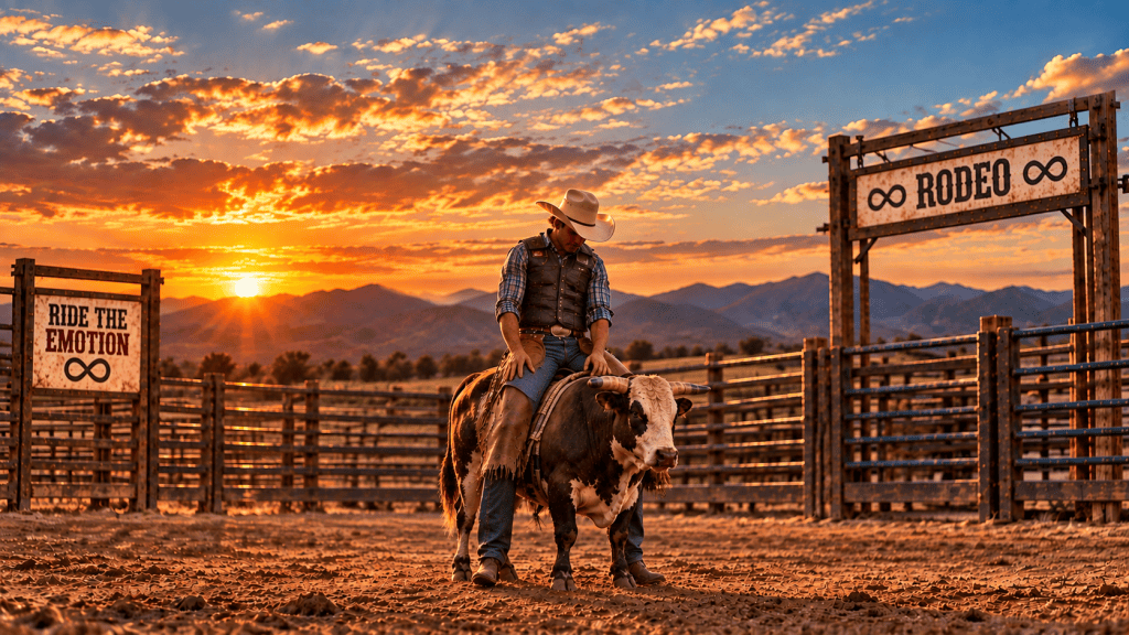 Cowboy sitting peacefully on a bull with his feet touching the ground in an empty rodeo arena at sunset, surrounded by mountains and rustic fencing.