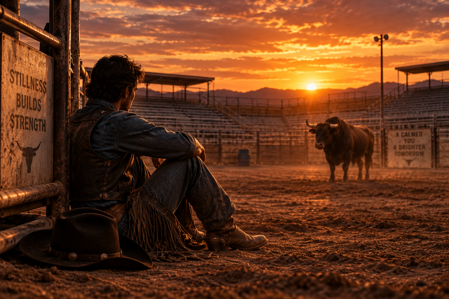 Cowboy sitting quietly beside the arena fence at sunset with his hat beside him and a calm bull in the distance.