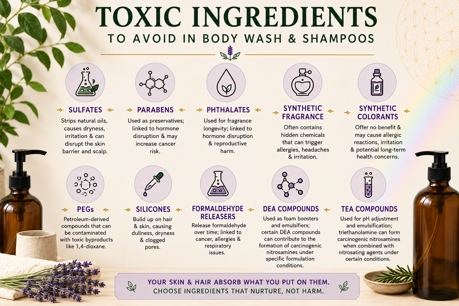 Infographic showing toxic ingredients to avoid in body wash and shampoo, including sulfates, parabens, phthalates, synthetic fragrance, synthetic colorants, PEGs, silicones, formaldehyde releasers, DEA compounds, and TEA compounds.